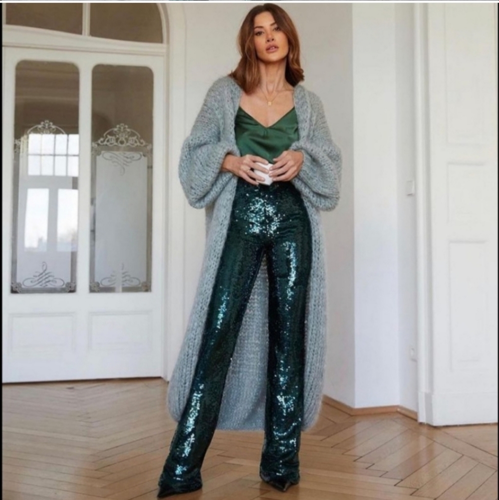 ZARA FLARED HIGH WAISTED GREEN SEQUIN PANTS SIZE M - Picture 5 of 16